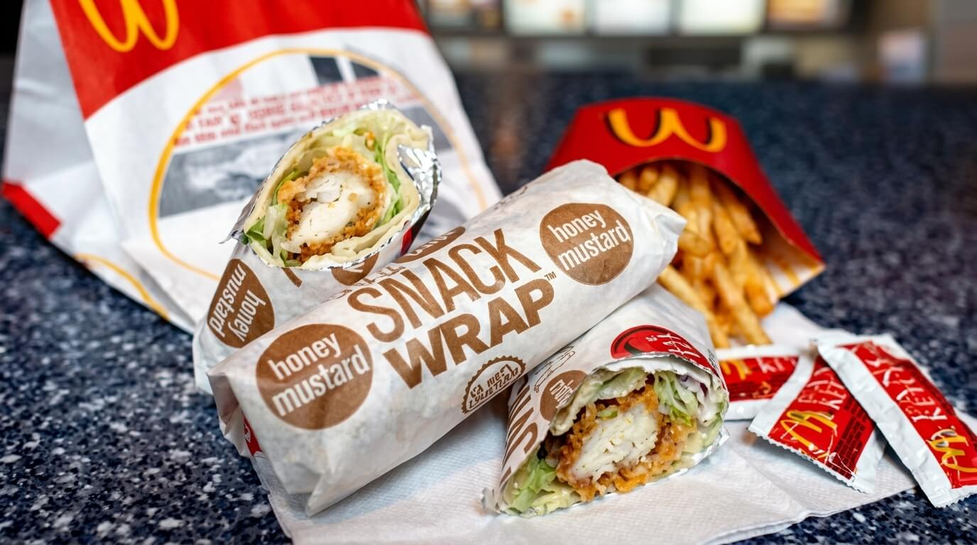McDonald's honey mustard snack wrap with fried chicken, lettuce, fries, and ketchup packets on a table
