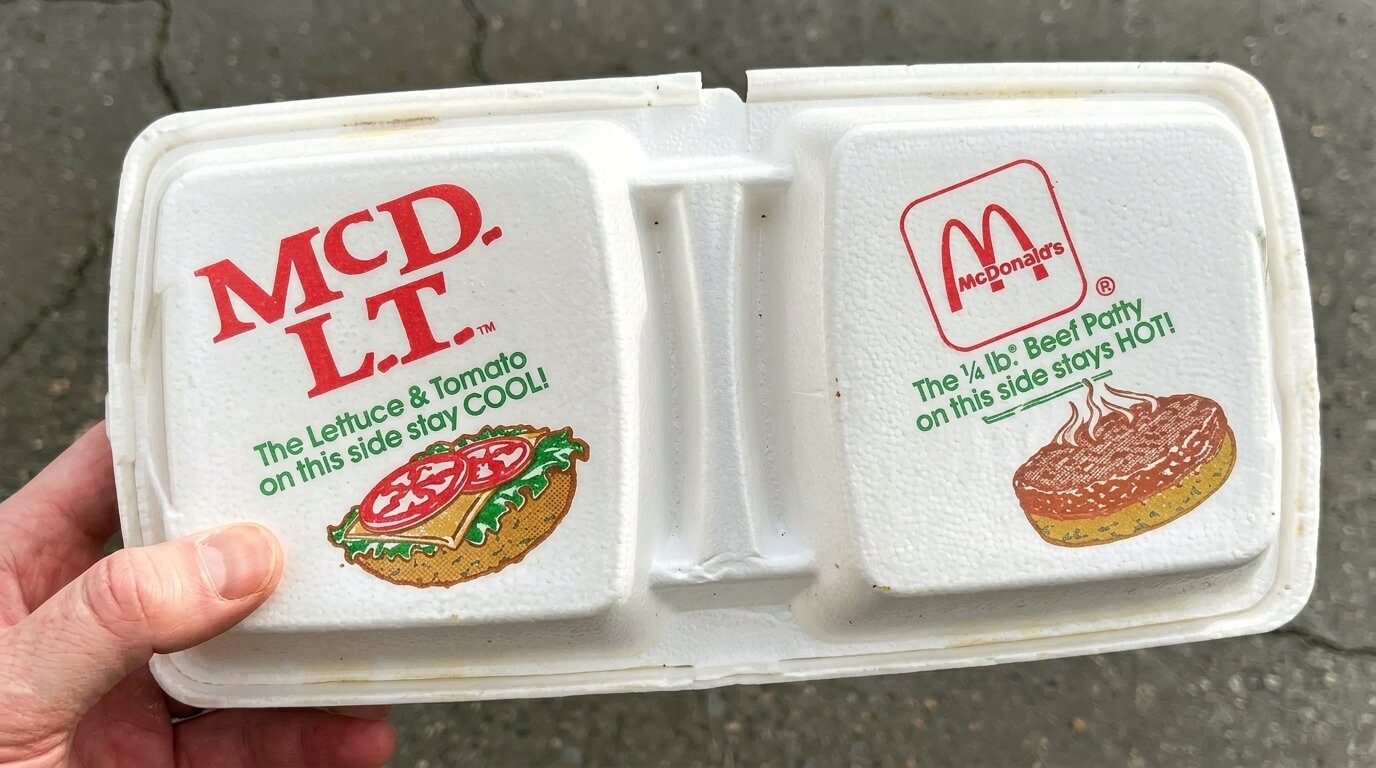 McDonald's McD.L.T. foam container with illustrations of lettuce, tomato, and beef patty sides labeled to stay cool and hot respectively