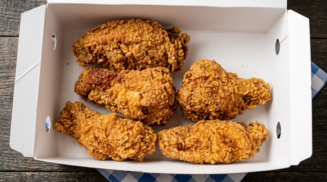 Five pieces of crispy fried chicken in a white takeout box on a wooden surface