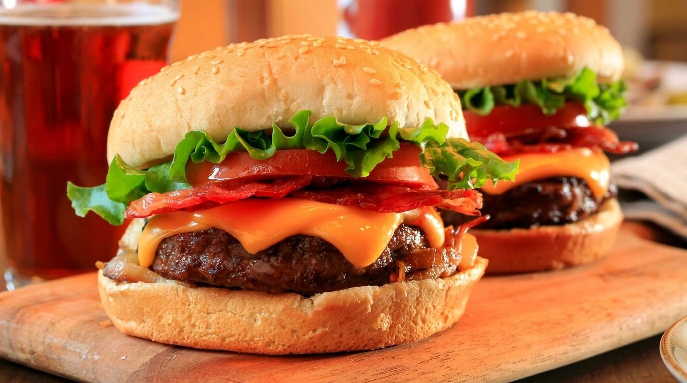 Two bacon cheeseburgers with lettuce and tomato on sesame buns on a wooden board with a glass of beer in the background