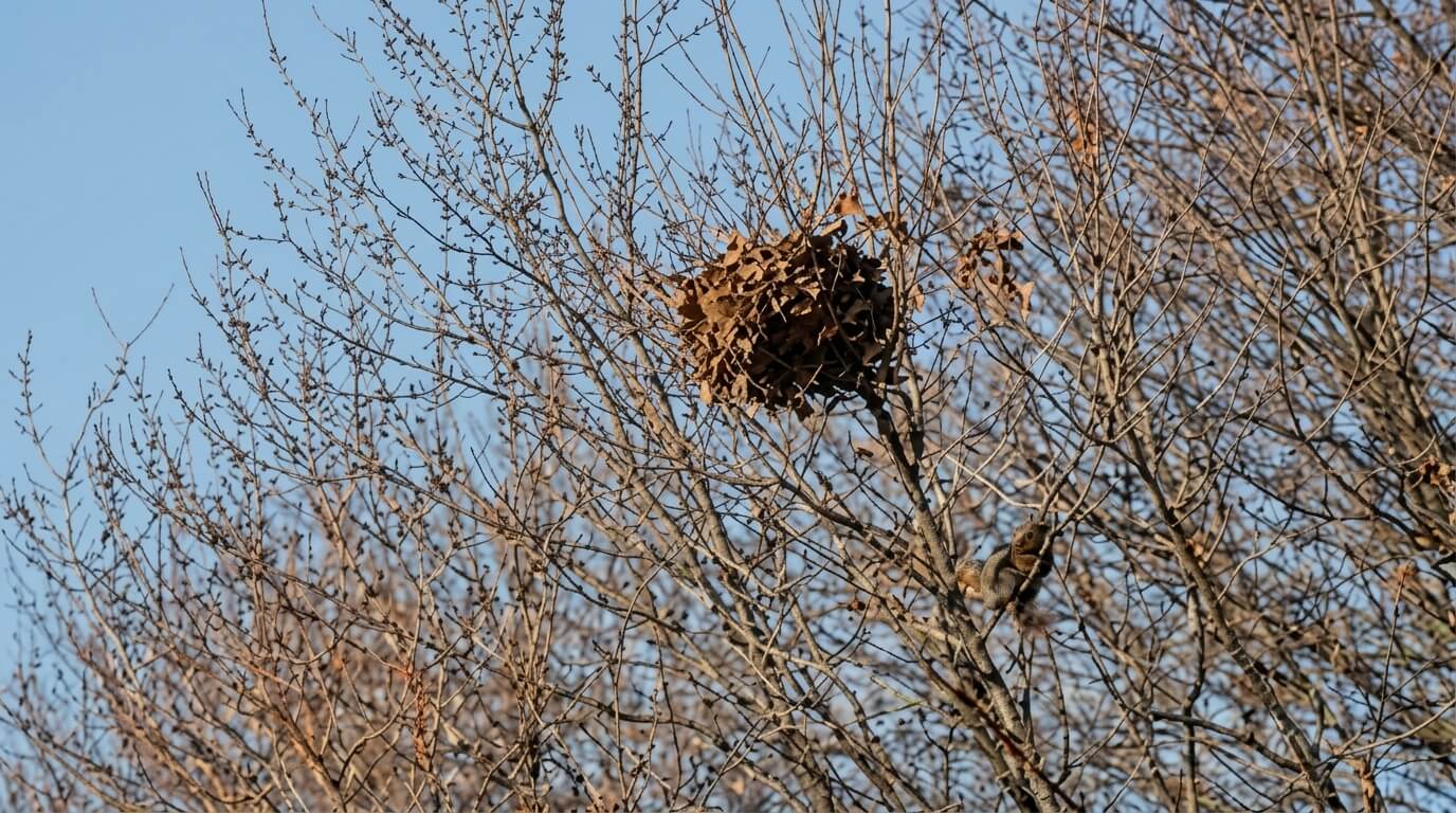 Squirrel climbing a leafless tree with a large cluster of dried leaves against a clear blue sky.