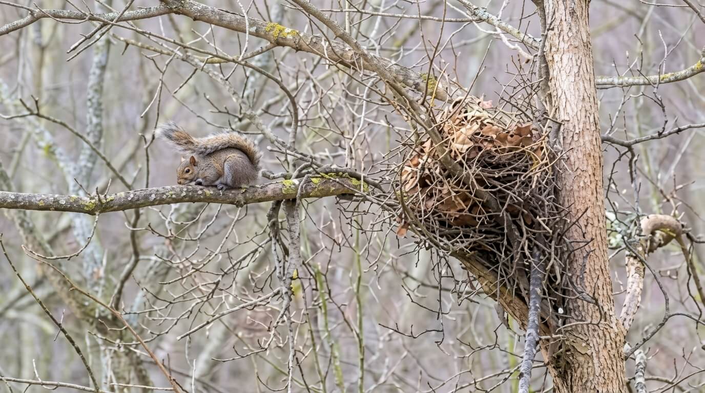 Gray squirrel resting on a tree branch near a large bird nest made of twigs and leaves