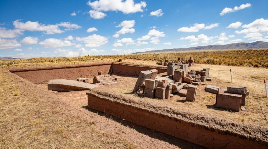 Ruins of the Pumapunku archaeological site with large stone blocks under a blue sky.