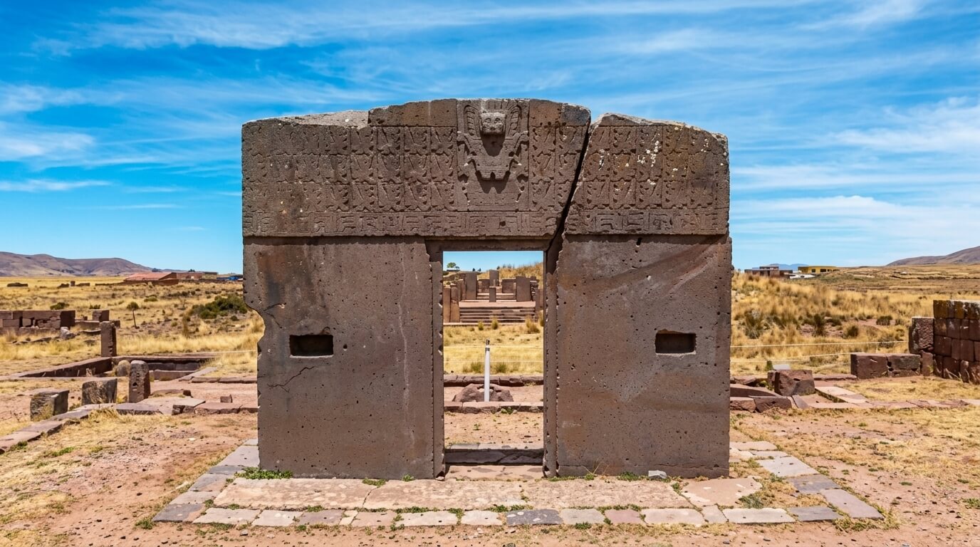 Stone Gateway of the Sun with carved figures at Tiwanaku archaeological site, Bolivia under blue sky