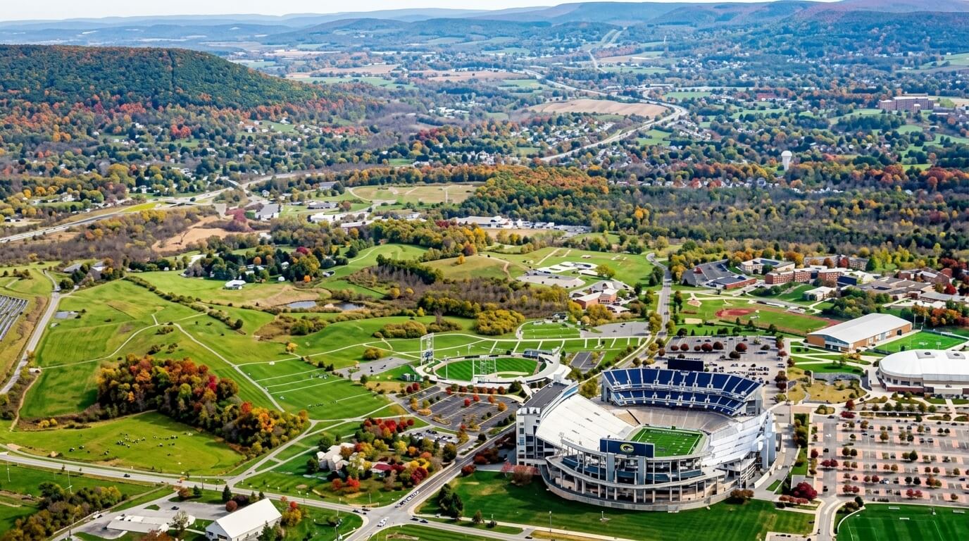 Aerial view of Beaver Stadium and surrounding Penn State University campus in autumn.