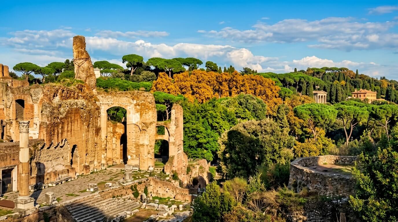 Ruins of the ancient Roman Palatine Hill surrounded by lush green and autumn-colored trees under a blue sky