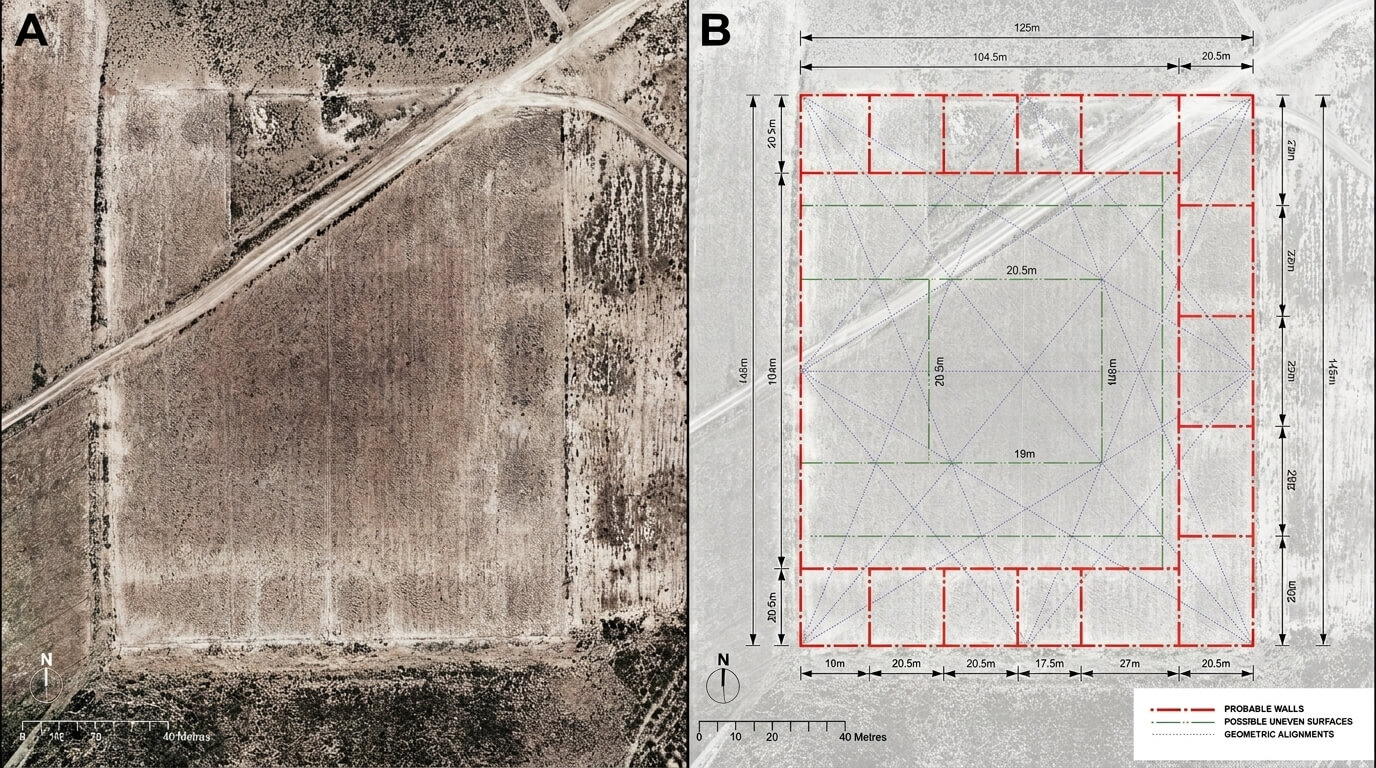 Aerial view of an archaeological site with probable walls, uneven surfaces, and geometric alignments marked with measurements