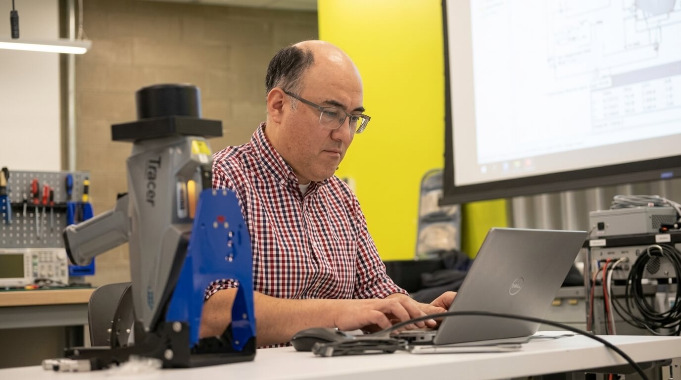 Man in glasses and checkered shirt working on a Dell laptop in a tech lab with a Tracer device nearby