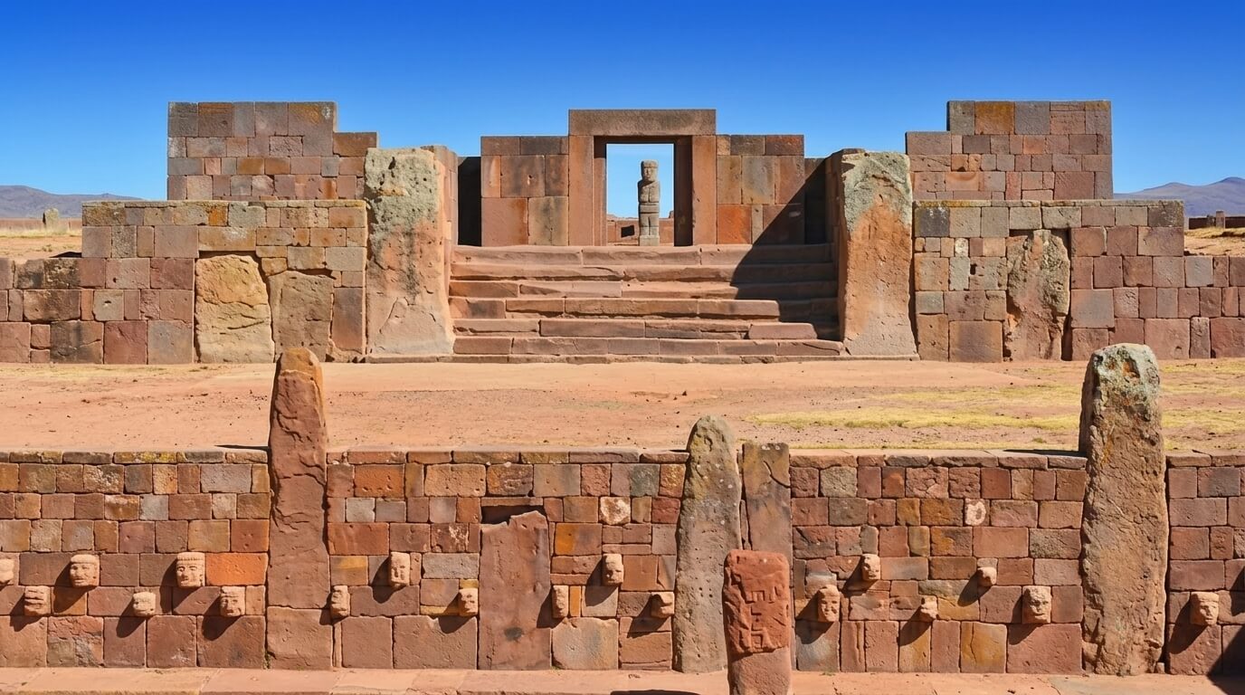 Ancient stone ruins with carved heads and a central statue at Tiwanaku archaeological site in Bolivia.