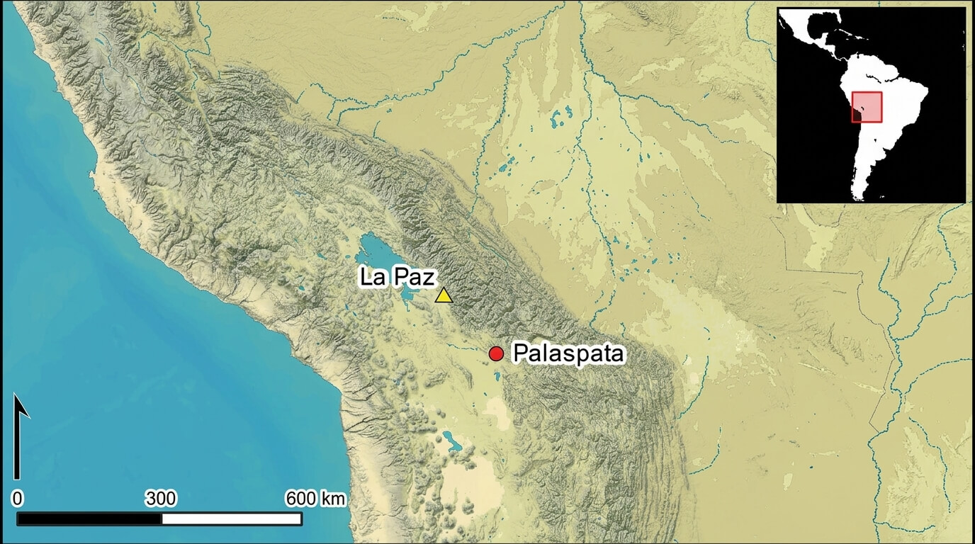 Map showing La Paz and Palaspata locations in the Andes region of South America with inset of continent location.