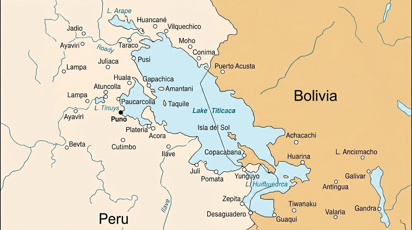 Map of Lake Titicaca and surrounding towns in Peru and Bolivia including Puno, Copacabana, and Isla del Sol.