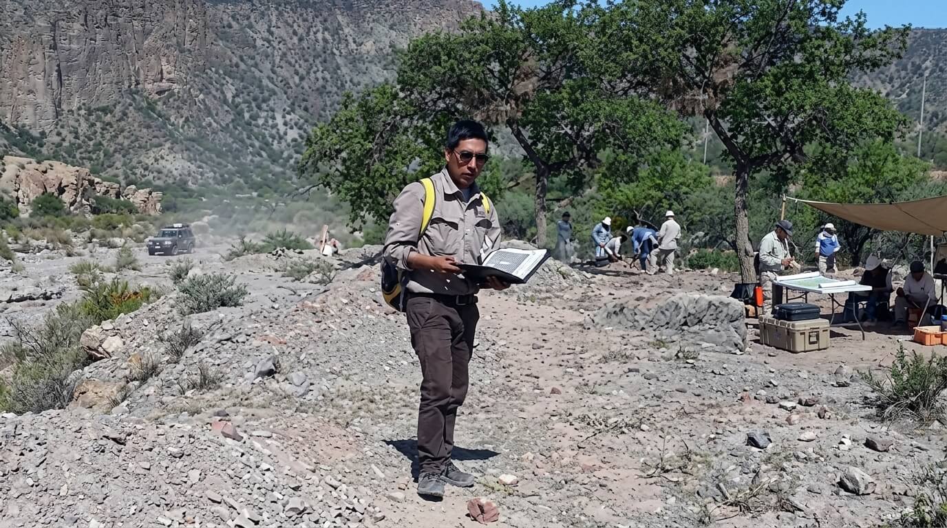 Archaeologist wearing sunglasses and a backpack holding a notebook at an excavation site with team working in the background.
