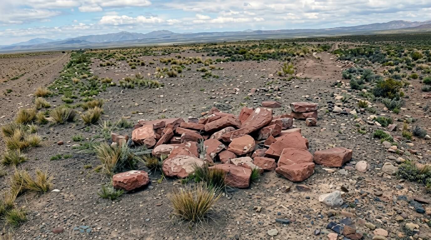 Scattered red stones on a dry, rocky plain with sparse grass and distant mountains under a cloudy sky