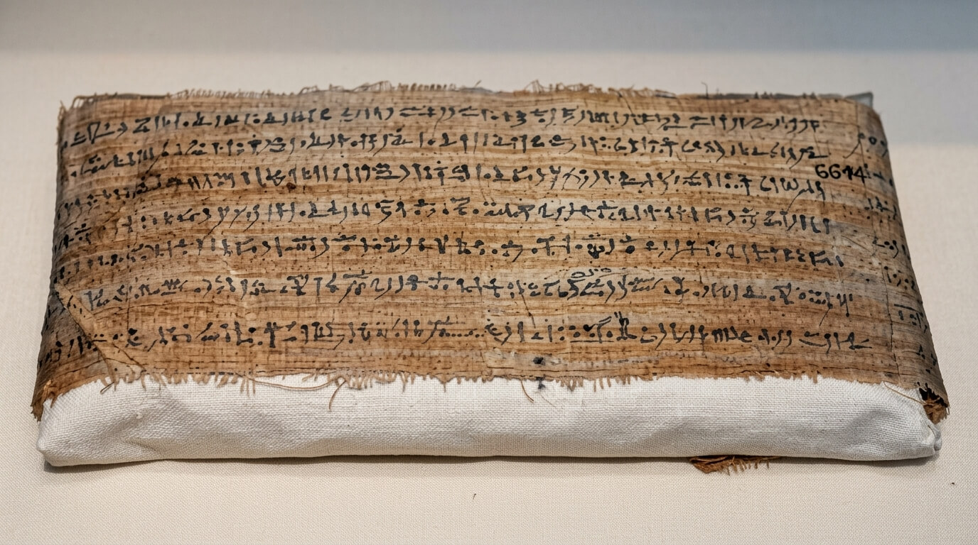 Ancient Egyptian papyrus scroll with hieratic script writing displayed on a white cushion.