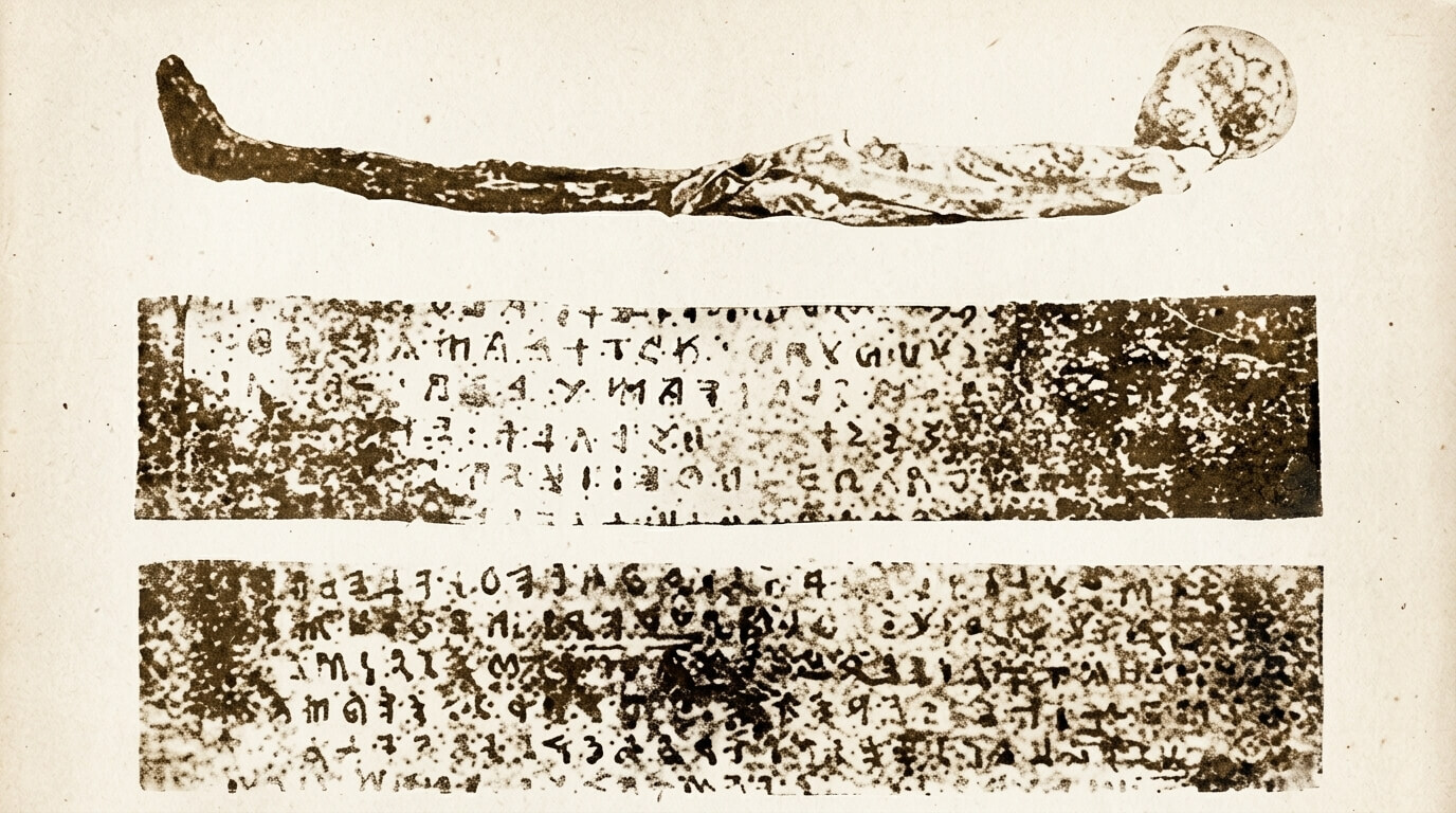 Ancient Egyptian mummy with two inscribed papyrus scrolls containing hieroglyphic text.
