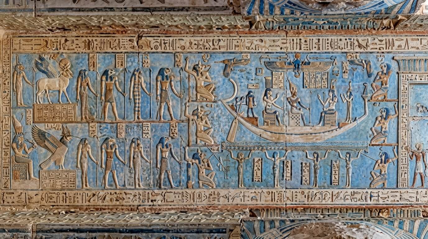 Ancient Egyptian blue and beige wall relief depicting gods, a boat with seated figures, and hieroglyphs.