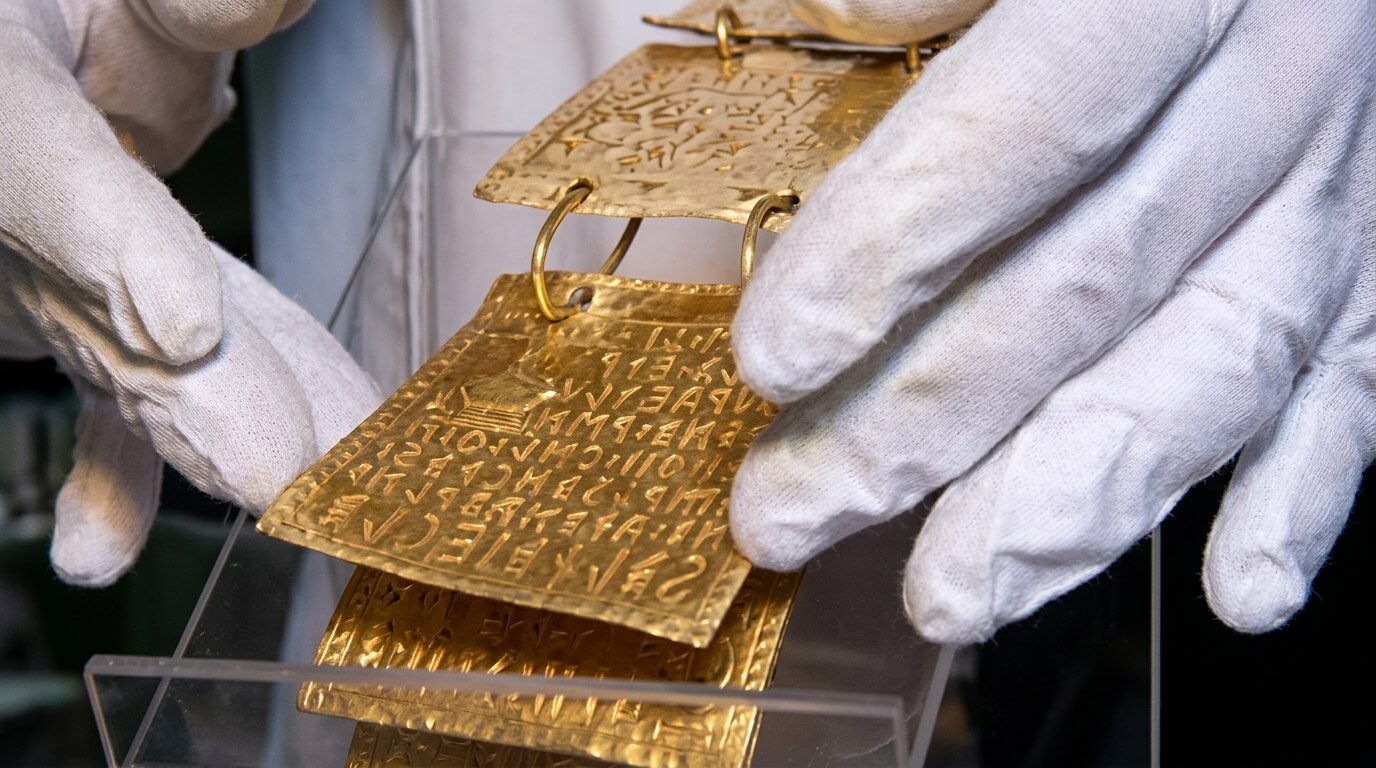 Hands in white gloves holding ancient gold tablets with inscriptions on display
