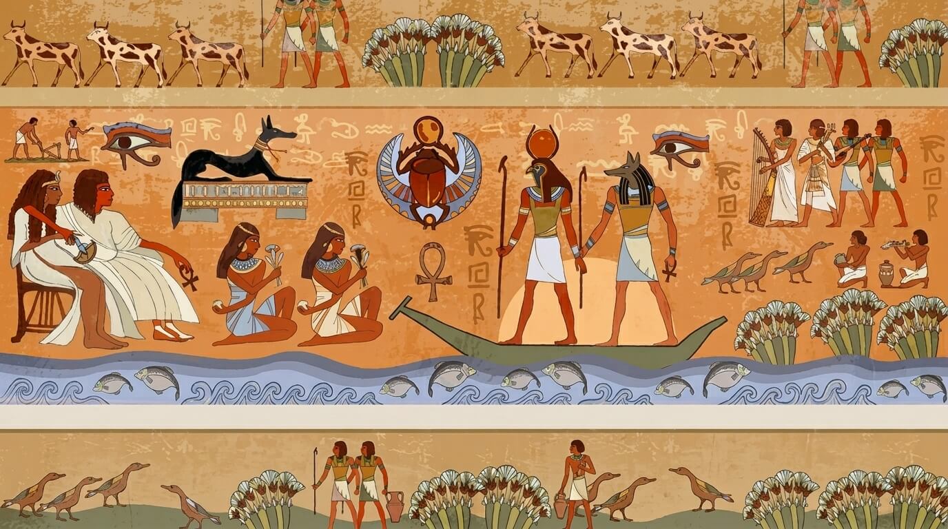 Ancient Egyptian mural depicting gods Anubis and Horus on a boat, seated figures, musicians, animals, and hieroglyphs.