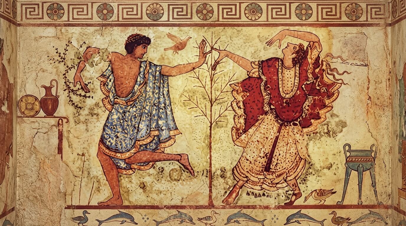 Ancient fresco depicting a man and woman dancing, surrounded by birds and decorative patterns.