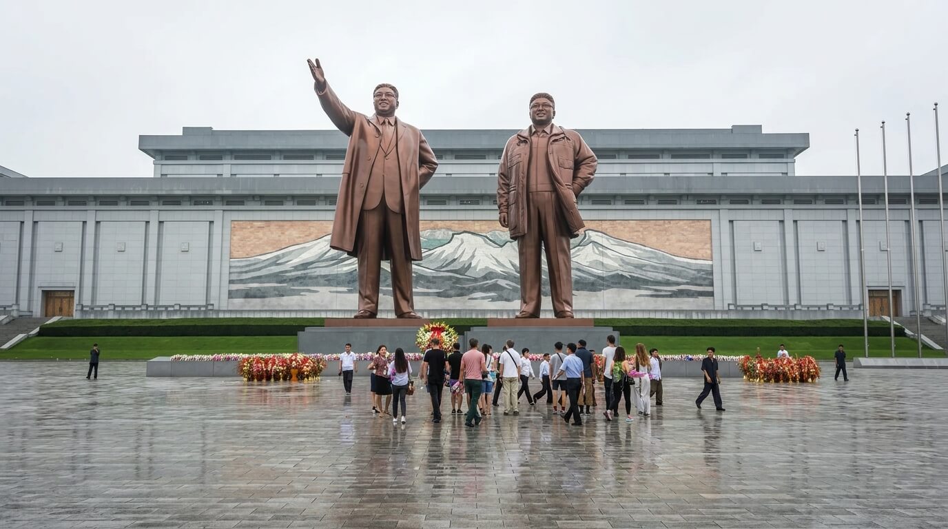 Visitors walking near the bronze statues of Kim Il-sung and Kim Jong-il at Mansu Hill Grand Monument in Pyongyang, North Korea