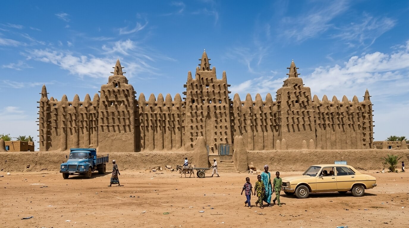 Great Mosque of Djenné in Mali with people, a blue truck, and a beige car in front under a blue sky
