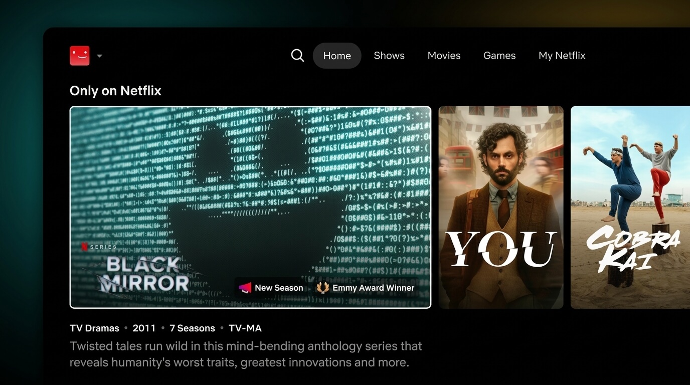 Netflix interface showing TV series Black Mirror, You, and Cobra Kai under "Only on Netflix" section.
