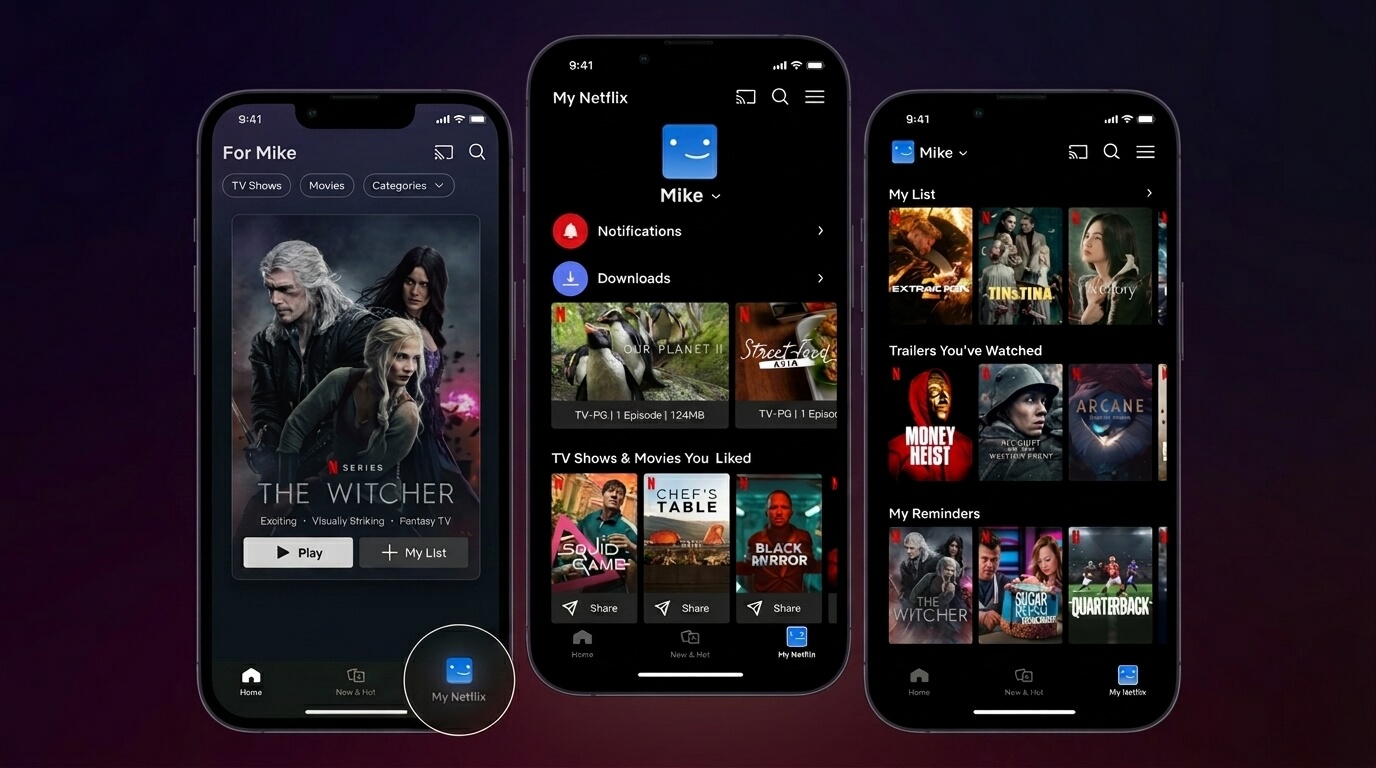 Three iPhones displaying Netflix app screens with shows like The Witcher, Money Heist, and Arcane on user Mike's profile.