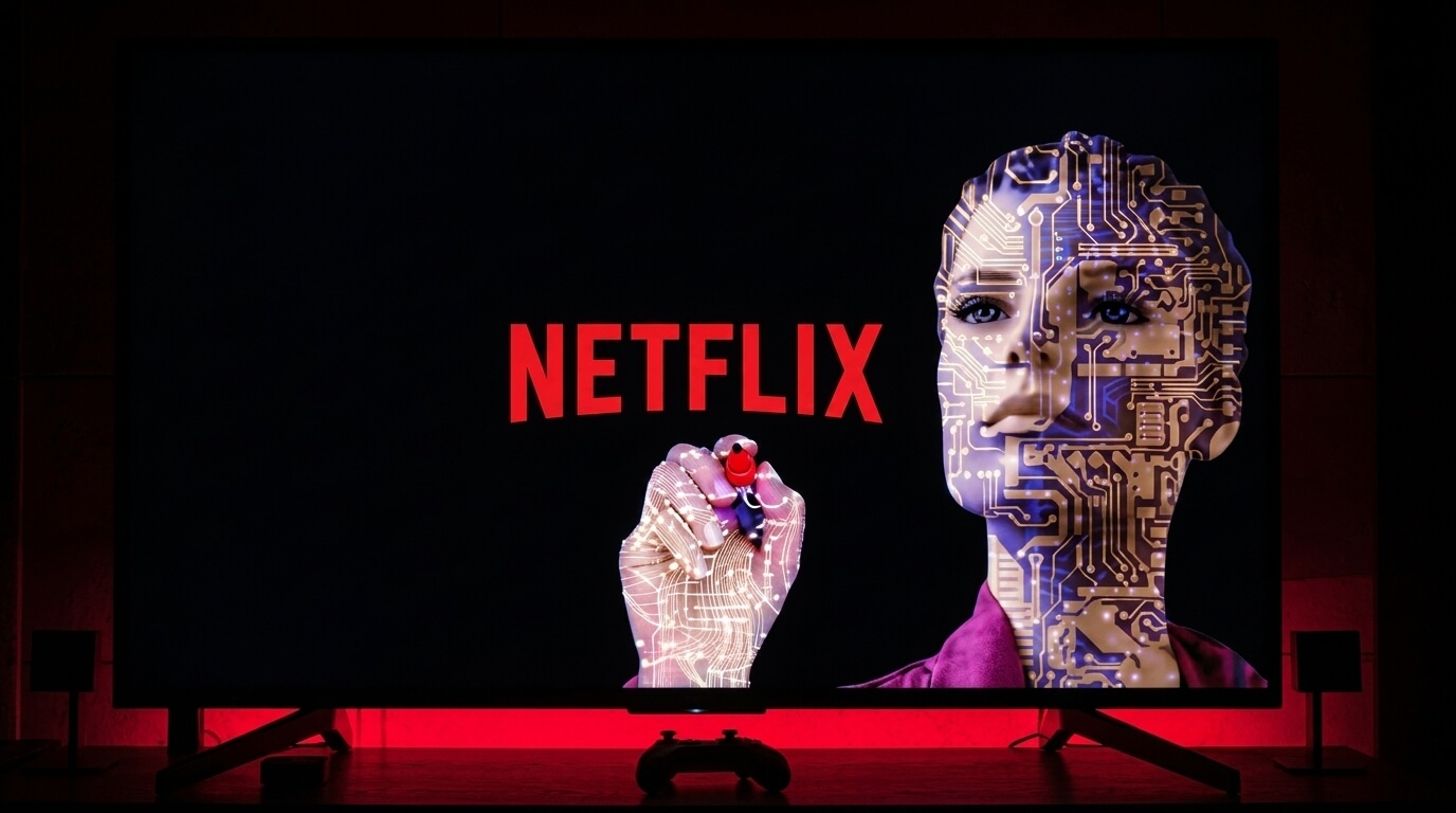 Netflix logo with a humanoid figure overlaid with a circuit board pattern holding a red marker on a TV screen.