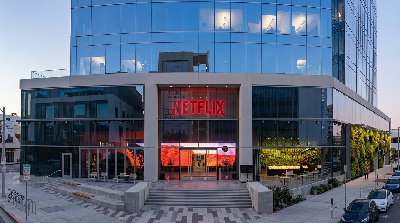 Netflix headquarters building with a red illuminated Netflix sign above the entrance and a green vertical garden on the side wall