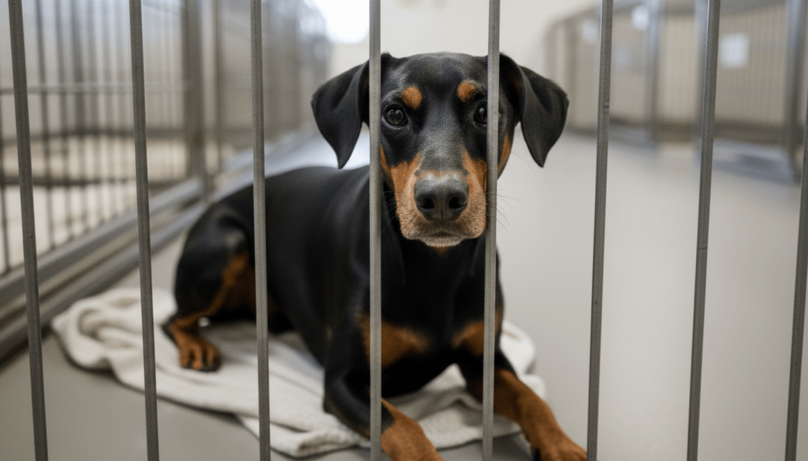 Black and tan Doberman lying on a blanket inside a metal kennel at an animal shelter