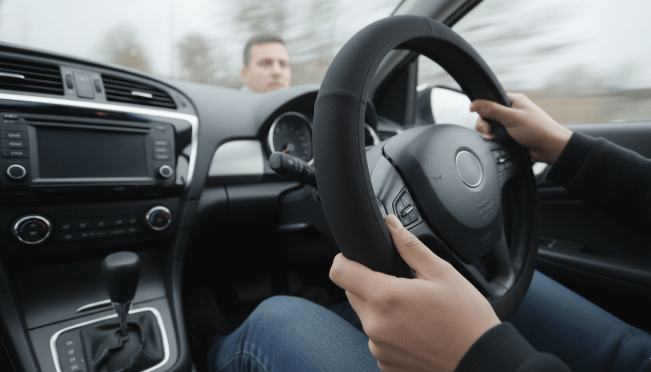 Person holding a steering wheel inside a modern car with a man visible through the windshield outside.