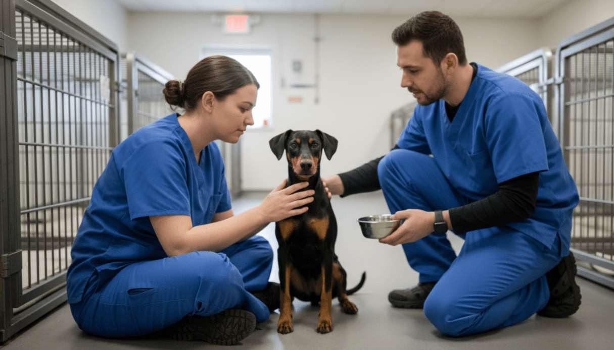 Two veterinarians in blue scrubs caring for a Doberman dog in an animal clinic kennel area