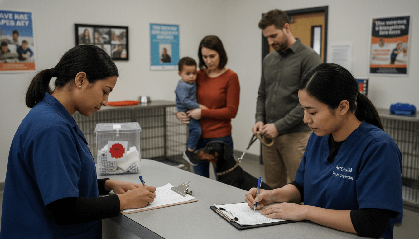 Two veterinary technicians in blue scrubs filling out forms at a clinic reception with a family and a dog in the background.