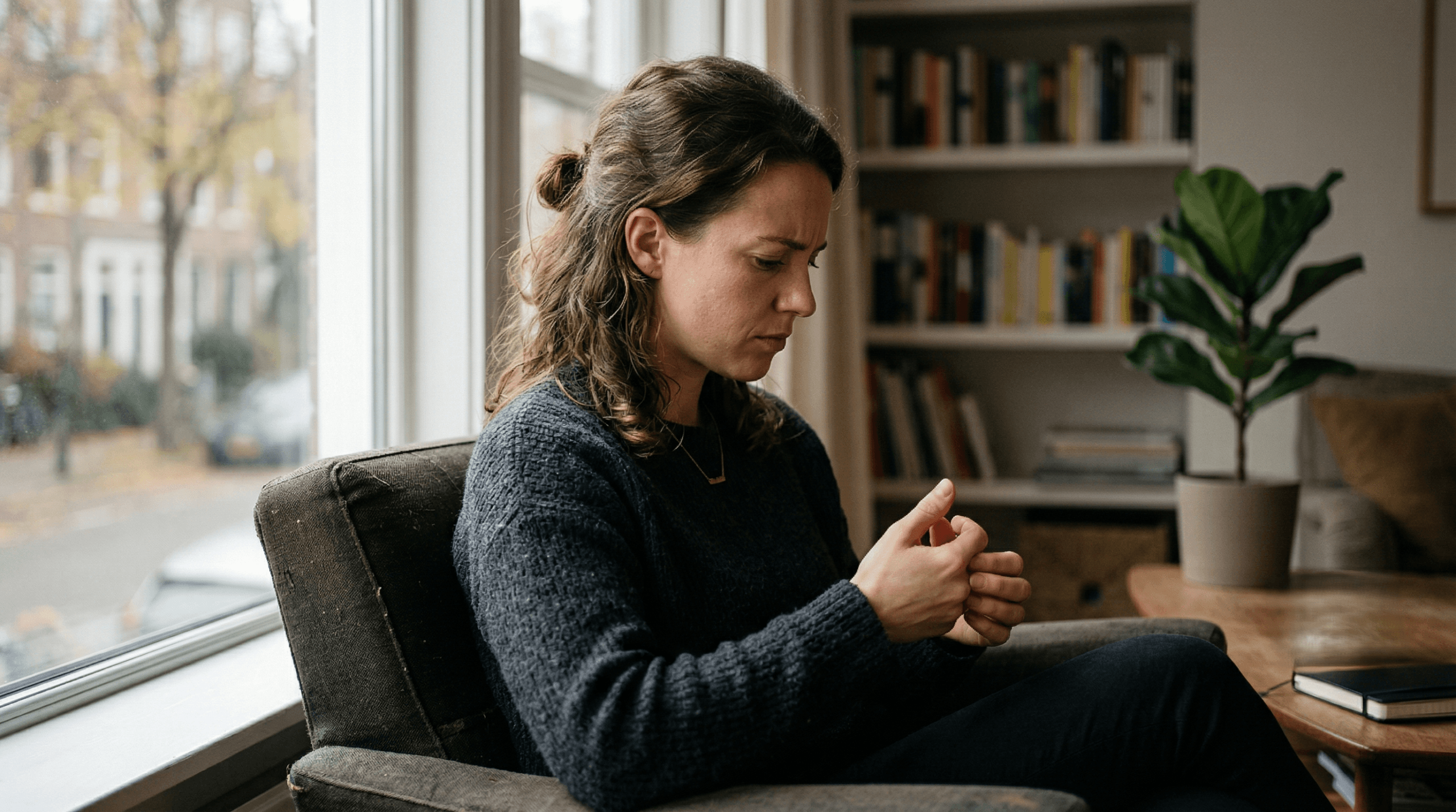 Woman in a dark sweater sitting in a chair by a window, looking down at her hands indoors with bookshelves in the background.