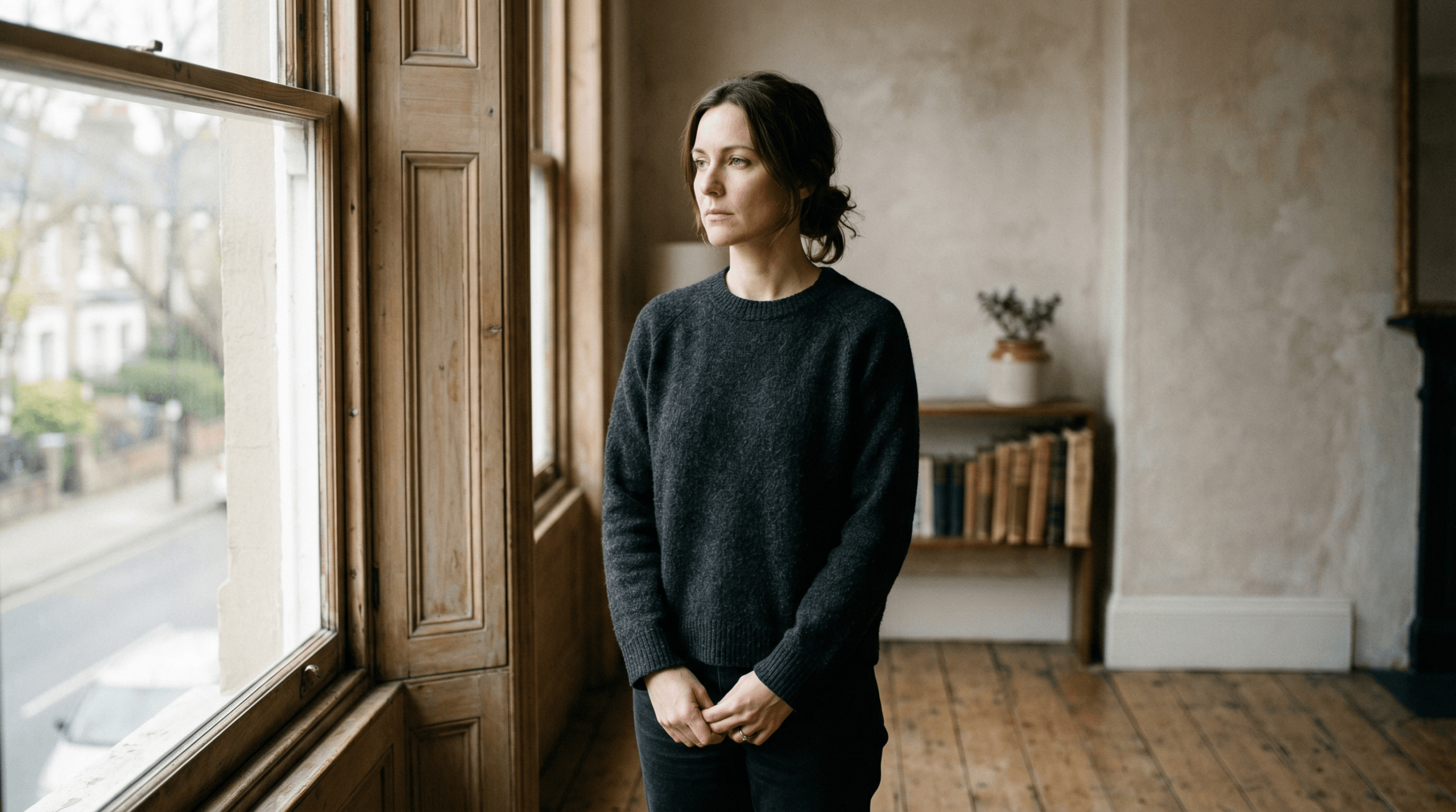 Woman in a black sweater standing indoors, looking thoughtfully out a large wooden window.