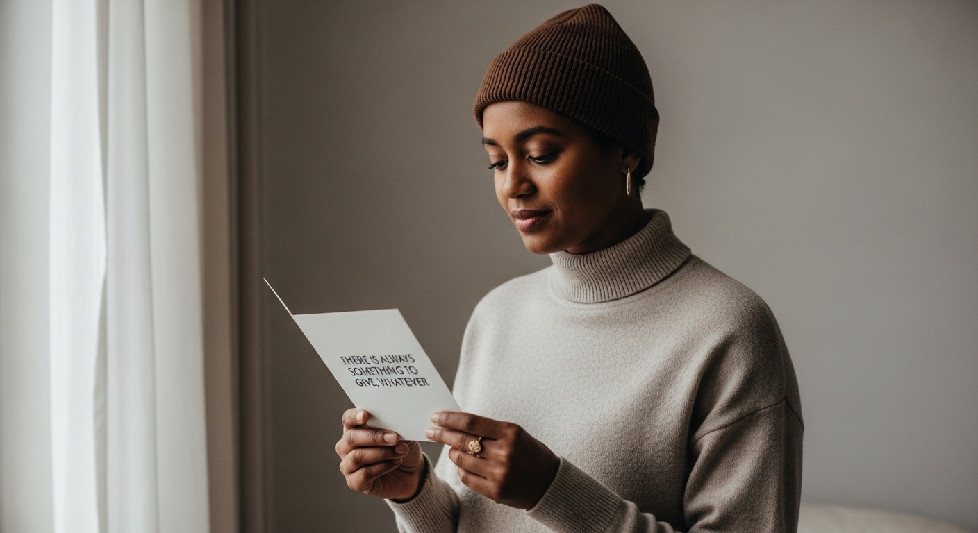 Woman in a brown beanie and beige turtleneck reading a card by a window with white curtains