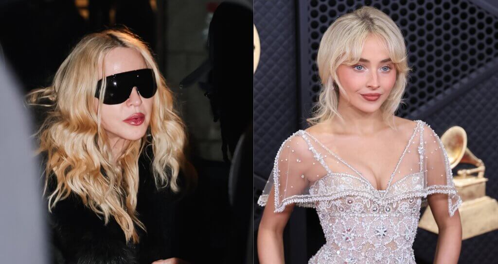 Madonna wearing black sunglasses and fur coat, and Sydney Sweeney in a sheer embellished dress at a Grammy event