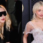 Madonna wearing black sunglasses and fur coat, and Sydney Sweeney in a sheer embellished dress at a Grammy event
