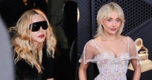 Madonna wearing black sunglasses and fur coat, and Sydney Sweeney in a sheer embellished dress at a Grammy event
