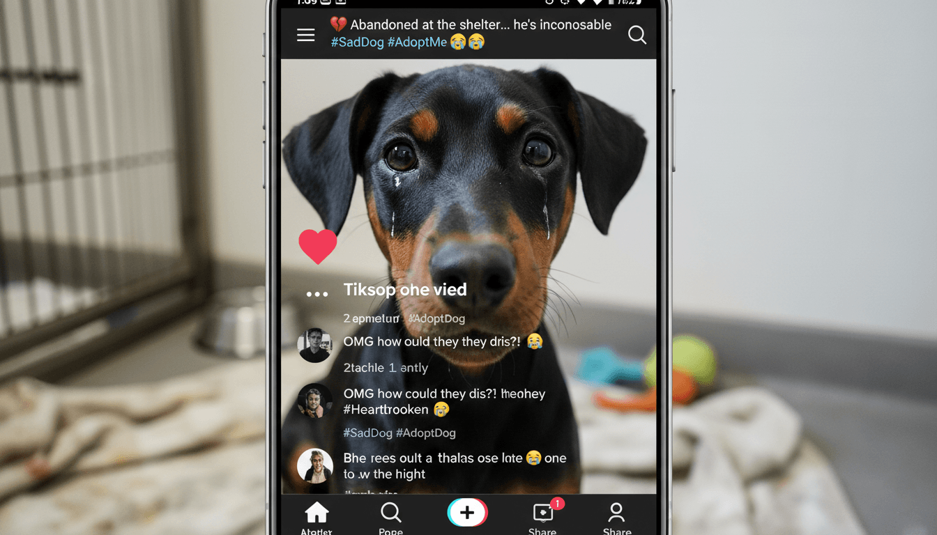Close-up of a sad Doberman puppy with digital tears on a shelter adoption app screen.
