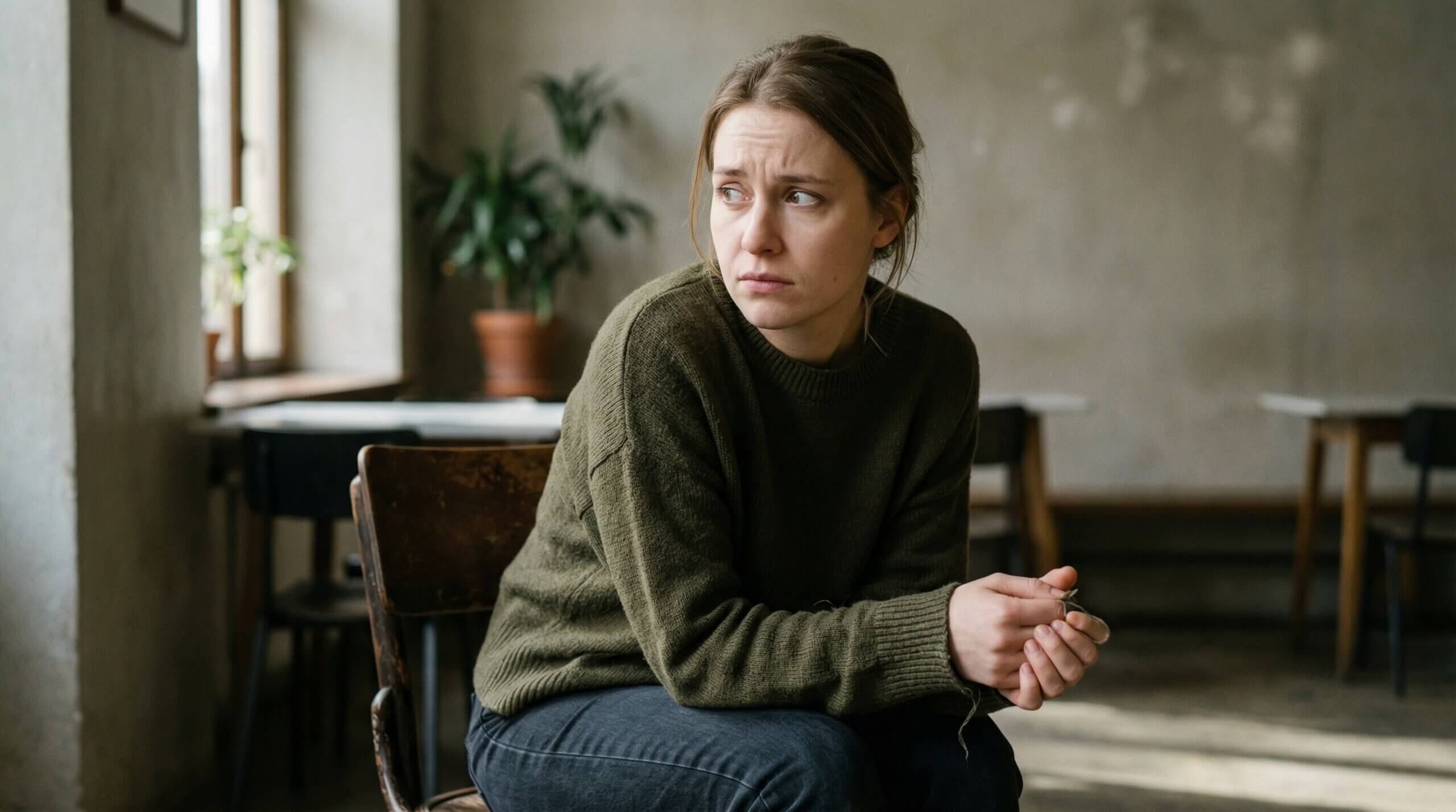 Young woman in green sweater sitting on a chair looking worried in a dimly lit room with plants and tables.