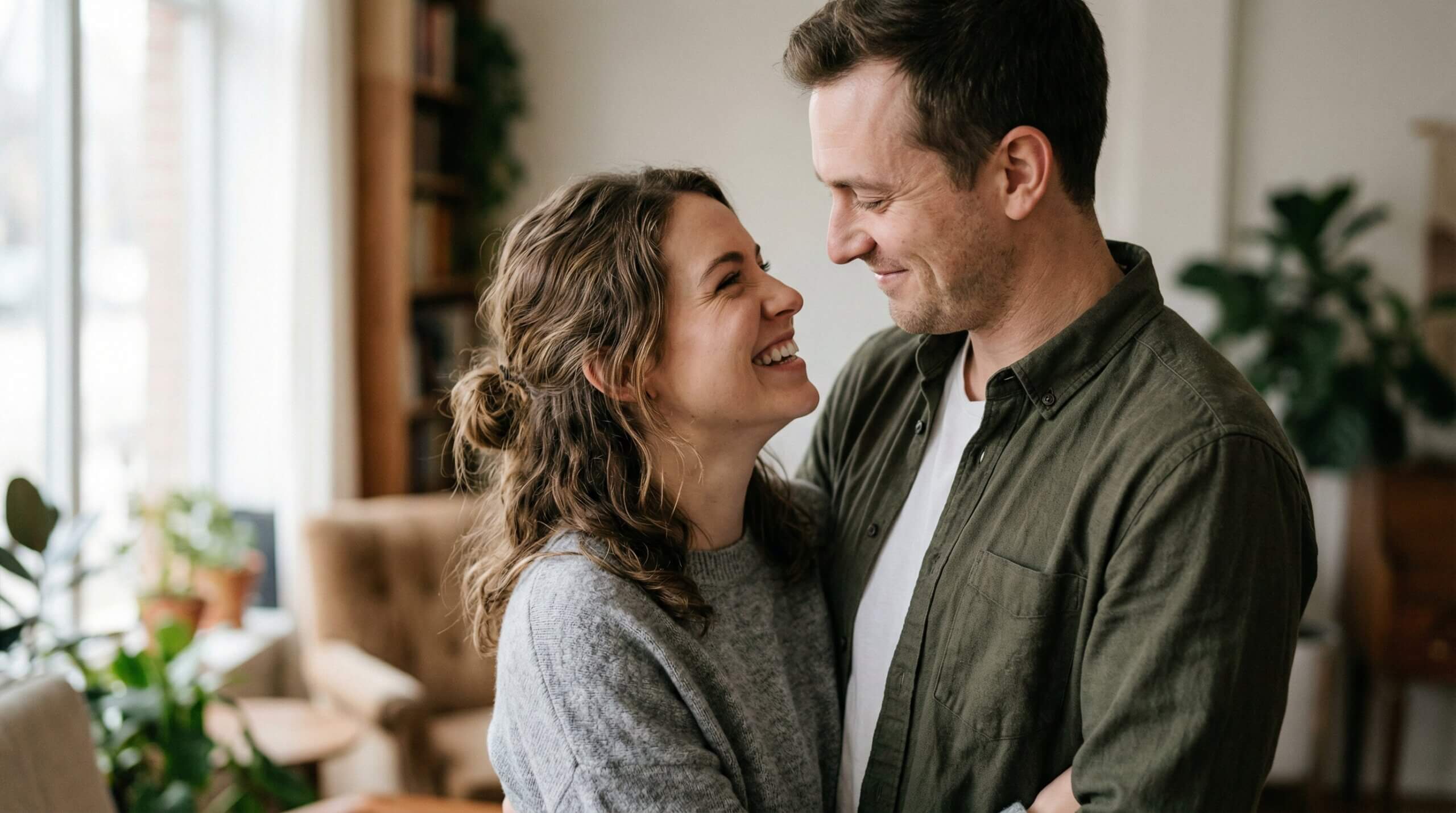 Smiling couple embracing indoors with plants and cozy furniture in the background