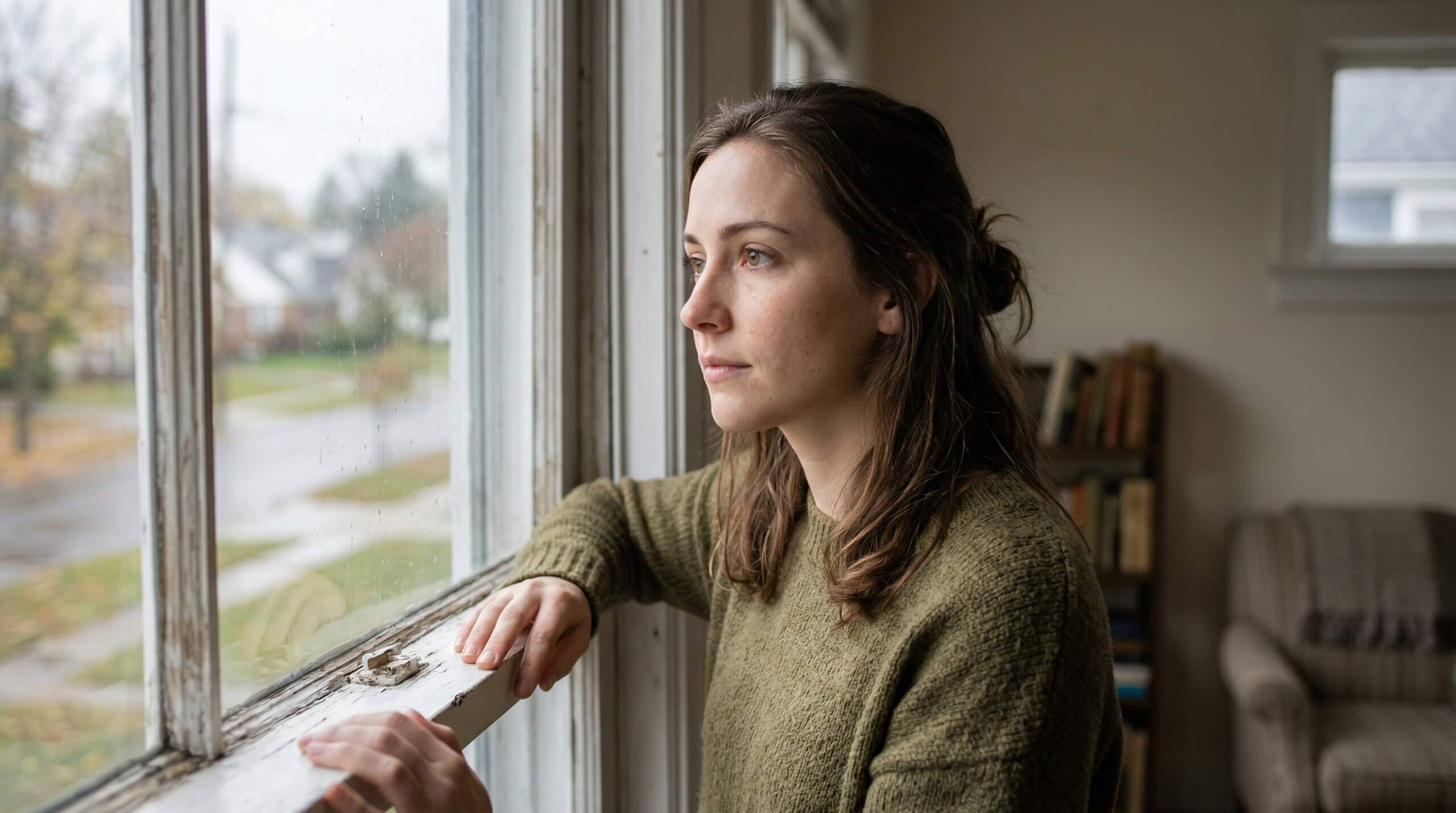 Woman in green sweater looking pensively out a window in a cozy room with books and an armchair