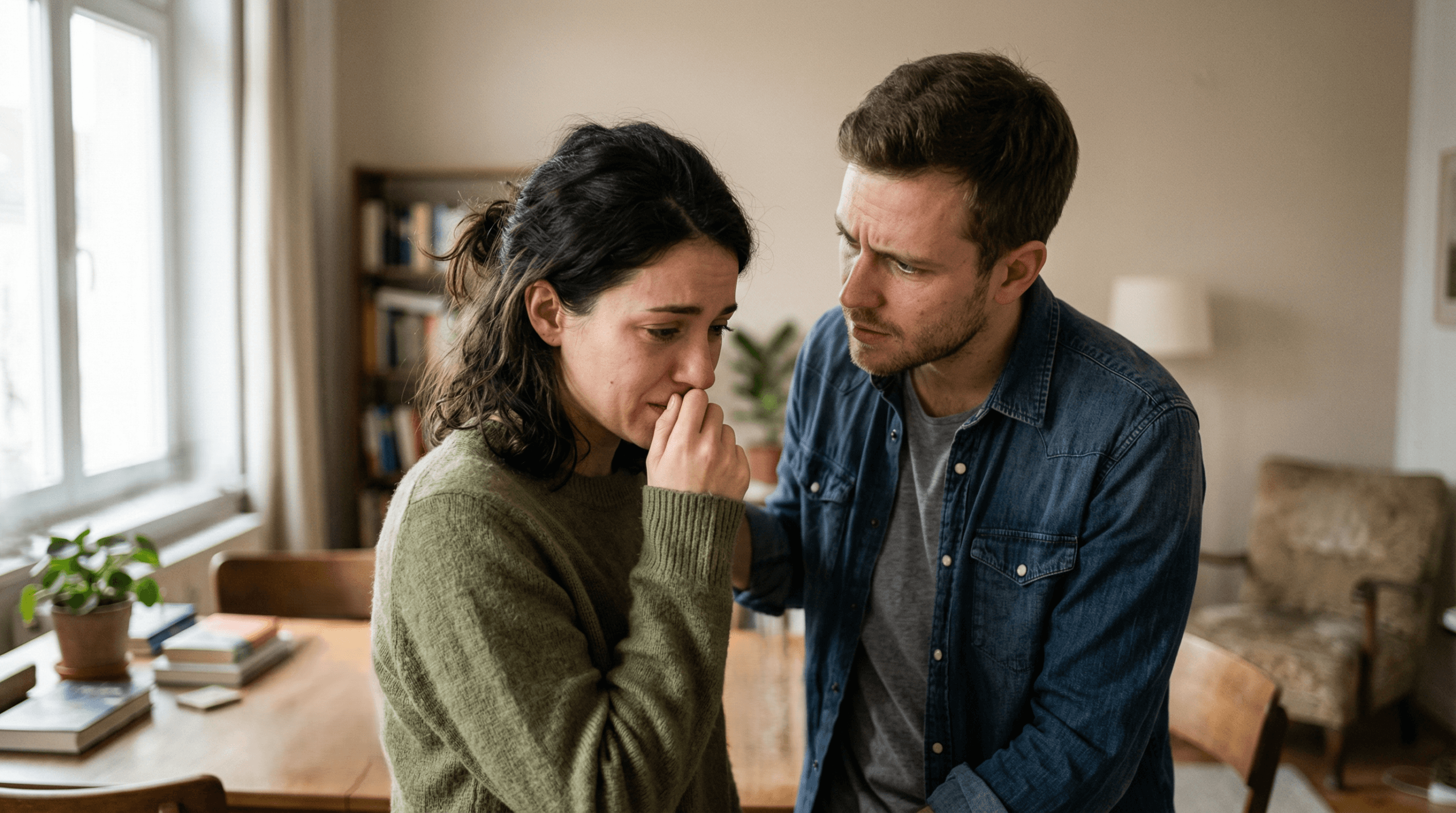 Man comforting a crying woman in a cozy living room with books and plants in the background