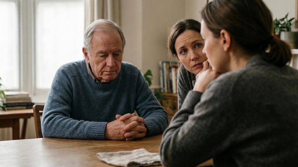 Three people in a serious conversation at a wooden table in a cozy room with natural light.