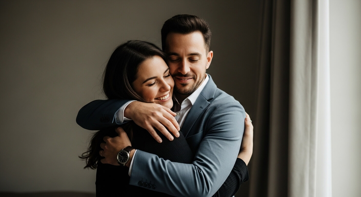 Smiling couple embracing indoors, man in blue suit jacket and woman in black sweater, eyes closed in a warm hug.