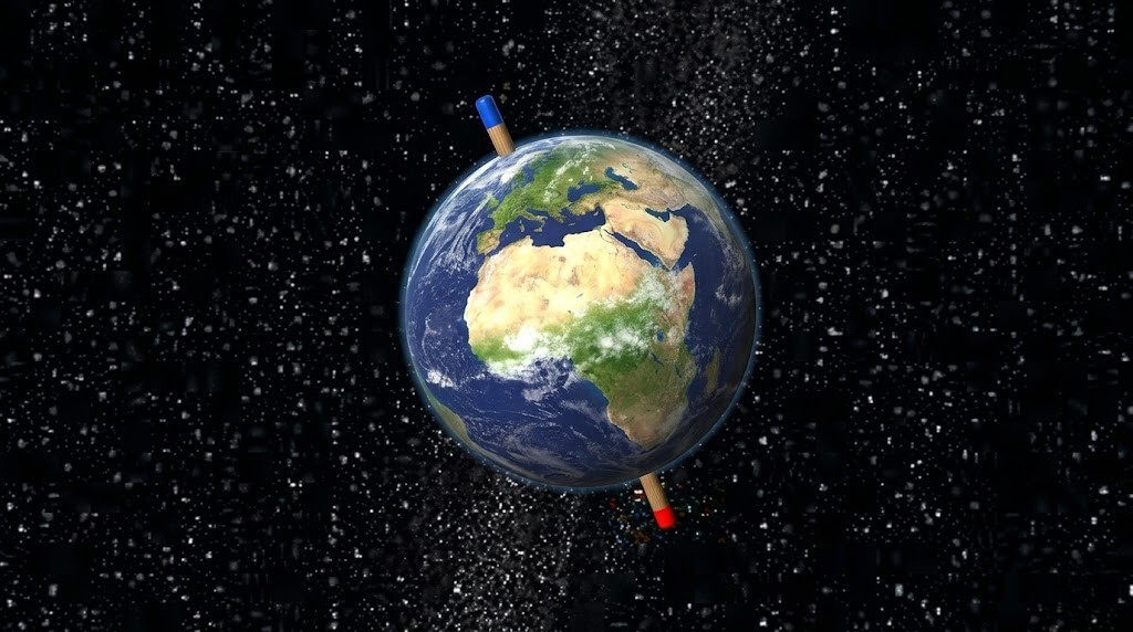 Earth depicted as a spinning top with blue and red tips against a starry space background.