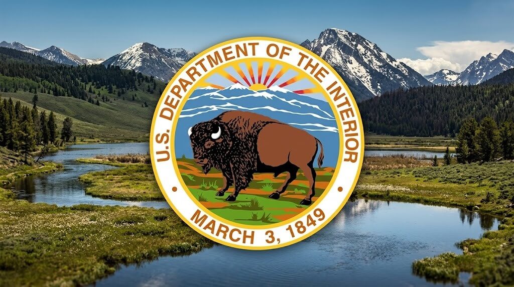 Seal of the U.S. Department of the Interior with a bison and mountains over a river landscape background