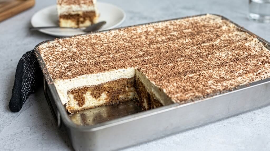 Tiramisu dessert with a slice removed in a metal baking pan, with a plated slice in the background.
