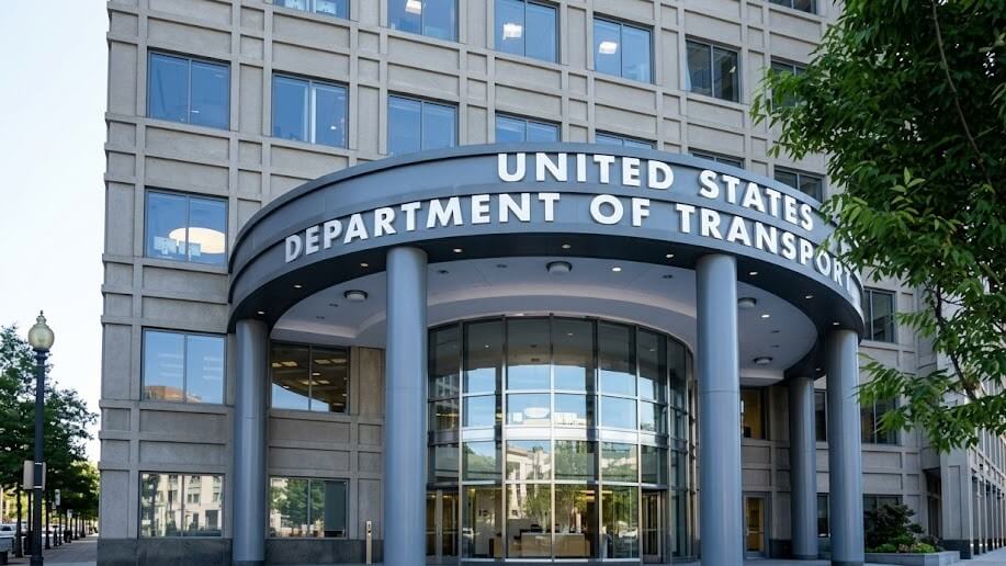 United States Department of Transportation building entrance with glass doors and pillars